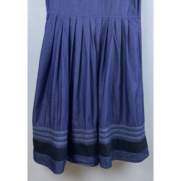 EShakti Sz M (10) Chambray Pintuck Puff SS Fit’N’Flare Black Trim Full Skirt Drs - Picture 8 of 14